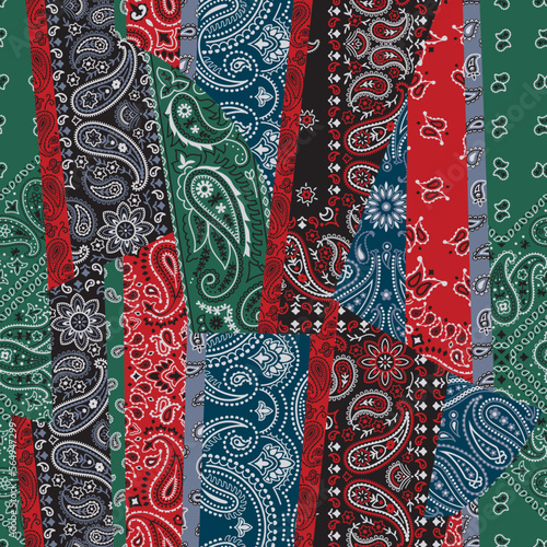 Coloured paisley bandana fabric patchwork abstract vector seamless pattern