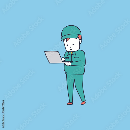 作業服でノートパソコンを操作する作業員のイラスト素材｜mayucolor09