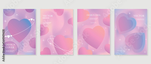 Abstract gradient Y2K style template cover vector set. Happy Valentine's Day decorate with trendy gradient heart vibrant y2k colorful background. Design for greeting card, fashion, commercial, banner.