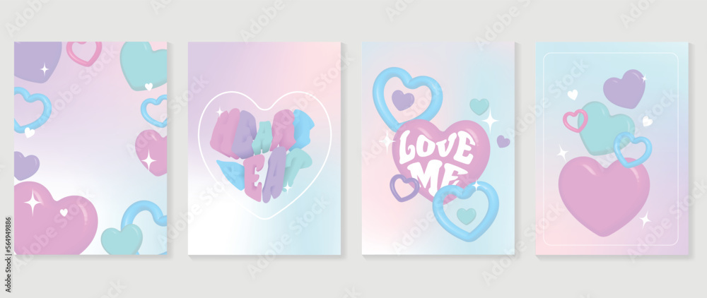 Abstract gradient Y2K style template cover vector set. Happy Valentine's Day decorate with trendy gradient heart vibrant y2k colorful background. Design for greeting card, fashion, commercial, banner.