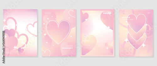Abstract gradient Y2K style template cover vector set. Happy Valentine's Day decorate with trendy gradient heart vibrant y2k colorful background. Design for greeting card, fashion, commercial, banner.