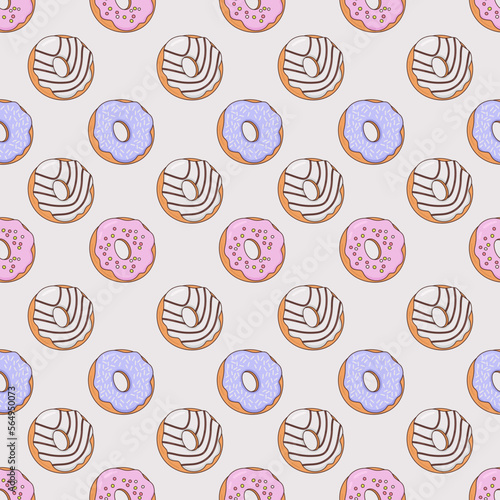 Vector seamless pattern with delicious donuts and different icing. Suitable for wrapping paper, greeting cards, banners, shipping boxes.