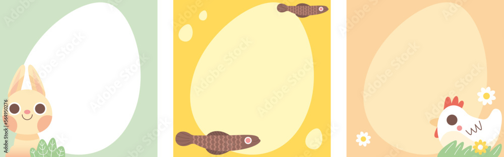 Modèles carrés pour communication sur réseaux sociaux, fête de Pâques avec lapin, poisson en chocolat et poule, publication pour promotion internet, illustration graphique style mignon enfant