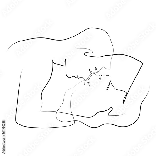 One Line Art Kissing Couple man and woman vector illustration contemporary design.Line Art young people in love Minimal art sketch drawing.Couple print,Kiss print,Valentines Day concept.love poster