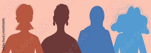 Diverse women silhouettes. Feminist. International women's day. Concept for equality. Various women of different nationality and religion stand together. Girl power. Silhouettes of female heads
