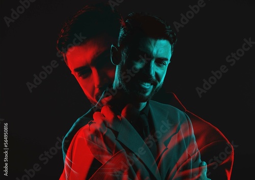 Fényképezés Suit, businessman and dark portrait with double exposure of worker with mental health problem of people in studio
