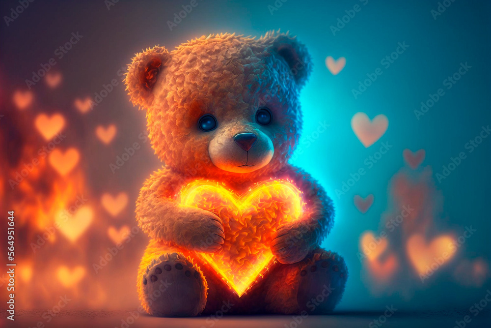 Teddy bear holding a burning heart. Valentine's day, Birthday, Women's day. Generative AI Teddy bear holding a burning heart. Valentine's day, Birthday, Women's day. Generative AI
