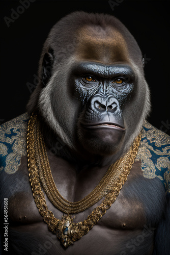front facing studio photograph of a beautiful majestic Gorilla monkey wearing a gold chains  © Marcio