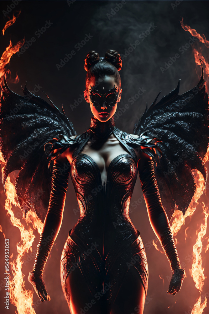 Demonic sexy female devil or vampire with flames and fire. Designed using generative ai. 