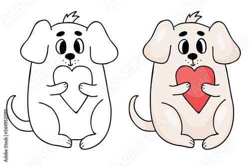 Cute dog with heart. Vector illustration. Cute kids collection animals coloring page. Outline and color drawing for coloring book, design, decor, Valentines cards, print.