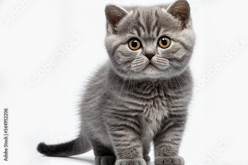 Portrait of a cute silver tabby British Shorthair grey kitten cat on white background isolated, closeup cat photo. A beautiful cat photo for advertises.