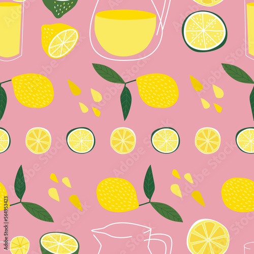 Lemonade jug and glass. Lemon clipart in green and yellow on pink background. Citrus Fruit, Lemon, Lime, Lemon slice, Lemon half. Vector repeat pattern