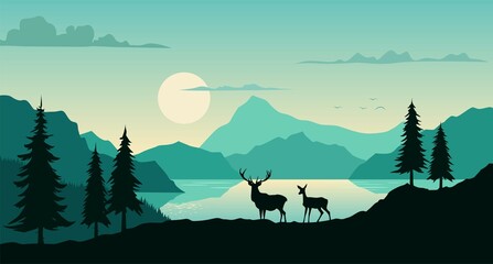 Gordijnen Koraalgroen landscape with deer  © Sergey