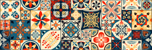 Set of patterned azulejo floor tiles. Abstract geometric background. Vector illustration, seamless mediterranean pattern. Portuguese floor tiles azulejo design. Floor cement talavera tiles collection. photo