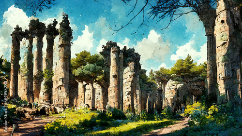 forest old ruin of Greek city or Roman empire historical illustration art Generative AI Content by Midjourney