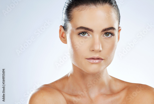 Wellness, beauty and face portrait of woman on white background for cosmetics, makeup and facial treatment. Luxury spa, skincare and girl with mockup space for glowing skin, dermatology and self care