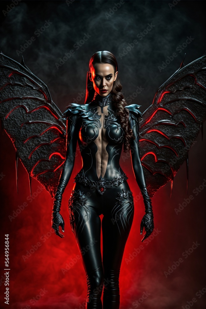 Fototapeta premium Sensual seductive sexy female devil with flames and fire in hell. Designed using generative ai. 