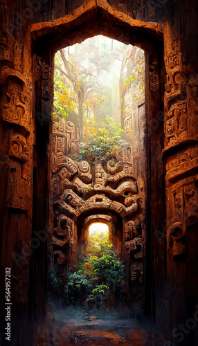 carved mayan door magical atmosphere forest Generative AI Content by Midjourney