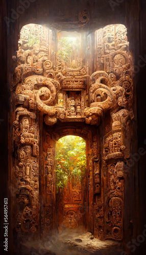 carved mayan door magical atmosphere forest Generative AI Content by Midjourney