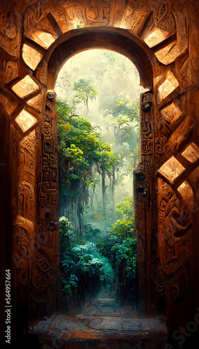 carved mayan door magical atmosphere forest Generative AI Content by Midjourney