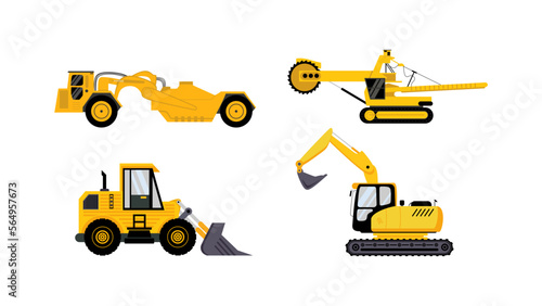 four mining vehicle set flat element isolated on white background.