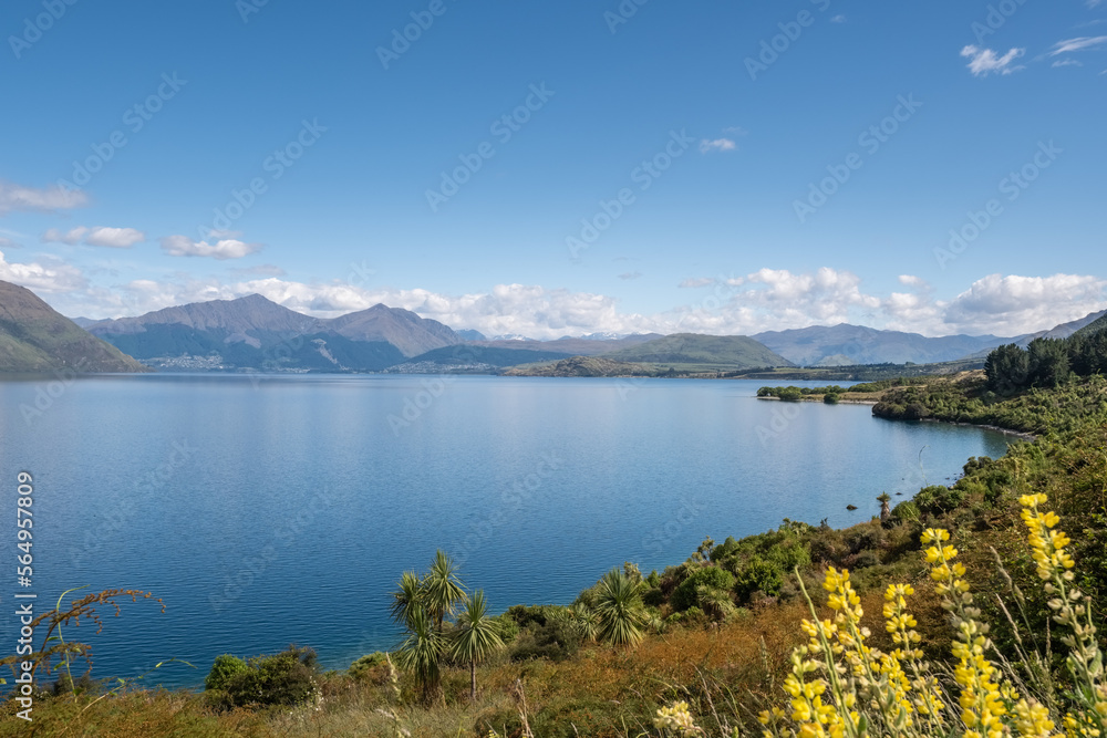 Lake Wakatipu in the South Island of New Zealand with Queenstown in the distance