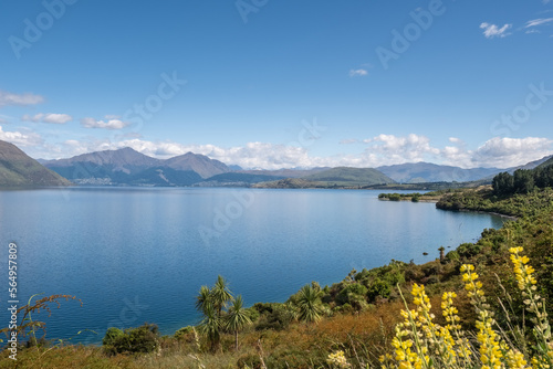 Lake Wakatipu in the South Island of New Zealand with Queenstown in the distance