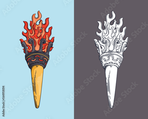 Burning torch. Engraving drawing technique. Vintage illustration. Vector design element