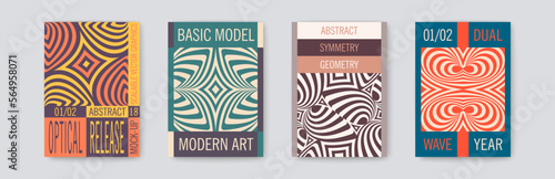 Set of Swiss design posters. Simple brutalism geometric composition. Op art striped optical illusion. Vector template