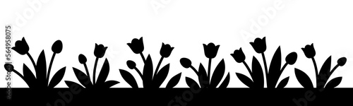 Black silhouettes of blooming tulips on a white background.  