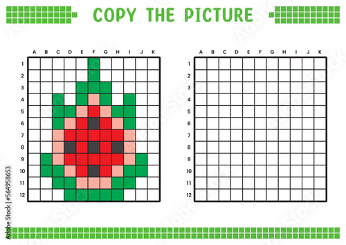 Copy the picture, complete the grid image. Educational worksheets drawing with squares, coloring cell areas. Children's preschool activities. Cartoon vector, pixel art. Red dragon fruit illustration.