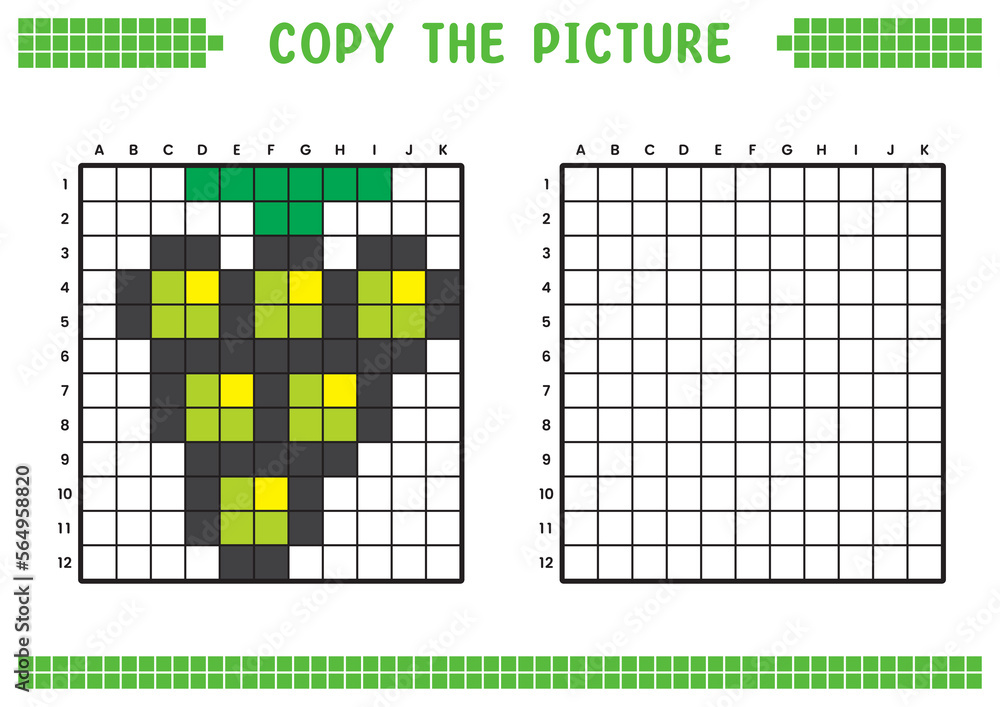 Fototapeta premium Copy the picture, complete the grid image. Educational worksheets drawing with squares, coloring cell areas. Children's preschool activities. Cartoon vector, pixel art. Green grapes illustration.