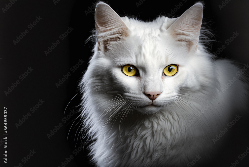 White cat face with yellow eyes in the dark. Generative AI