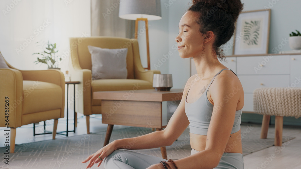Meditation, pilates and home yoga for black woman working on spiritual chakra peace, freedom of the mind and zen mindset. Body health, wellness lifestyle and relax girl training on living room floor Meditation, pilates and home yoga for black woman working on spiritual chakra peace, freedom of the mind and zen mindset. Body health, wellness lifestyle and relax girl training on living room floor