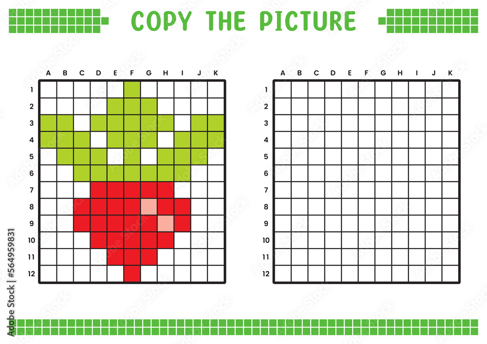 Fototapeta premium Copy the picture, complete the grid image. Educational worksheets drawing with squares, coloring cell areas. Children's preschool activities. Cartoon vector, pixel art. Red radish illustration.