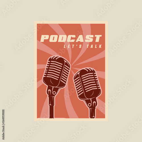 old stand microphone vector poster vintage simple illustration template graphic design. podcast banner show for broadcast concept with retro style