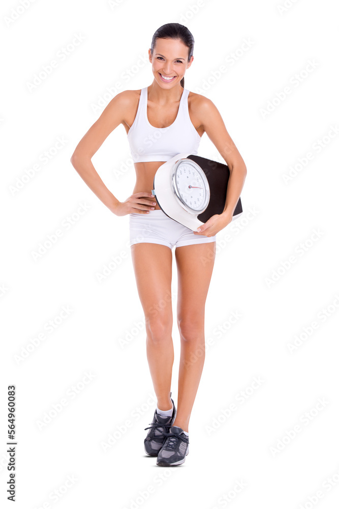 A fit young woman carrying a scale isolated on a PNG background. A fit young woman carrying a scale isolated on a PNG background.