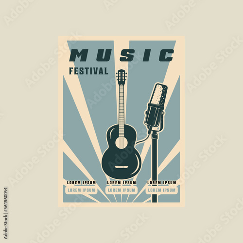 microphone and acoustic guitar vector poster vintage minimalist illustration template graphic design. song festival banner invitation or inscription live music and place for text in retro style