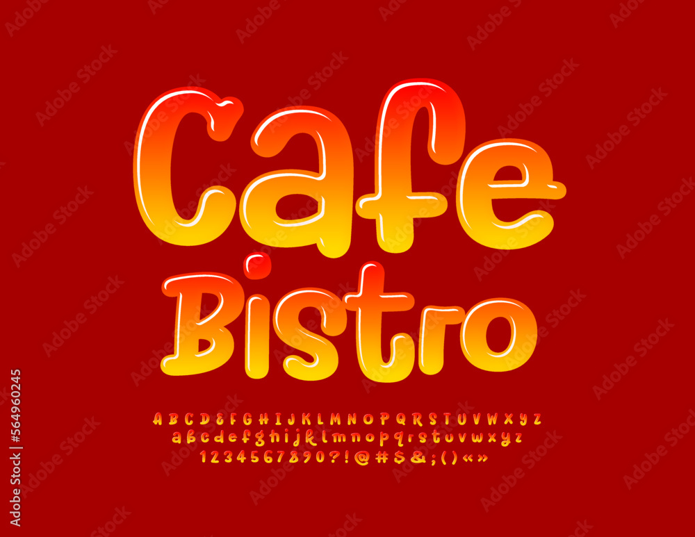 Vector advertising emblem Cafe Bistro. Bright Glossy Font. Modern handwritten  Alphabet Letters and Numbers set
