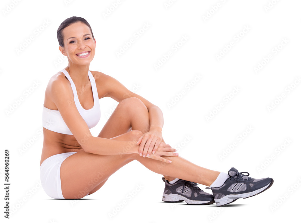 An attractive fit woman in exercise clothing sitting on the floor isolated on a PNG background. An attractive fit woman in exercise clothing sitting on the floor isolated on a PNG background.