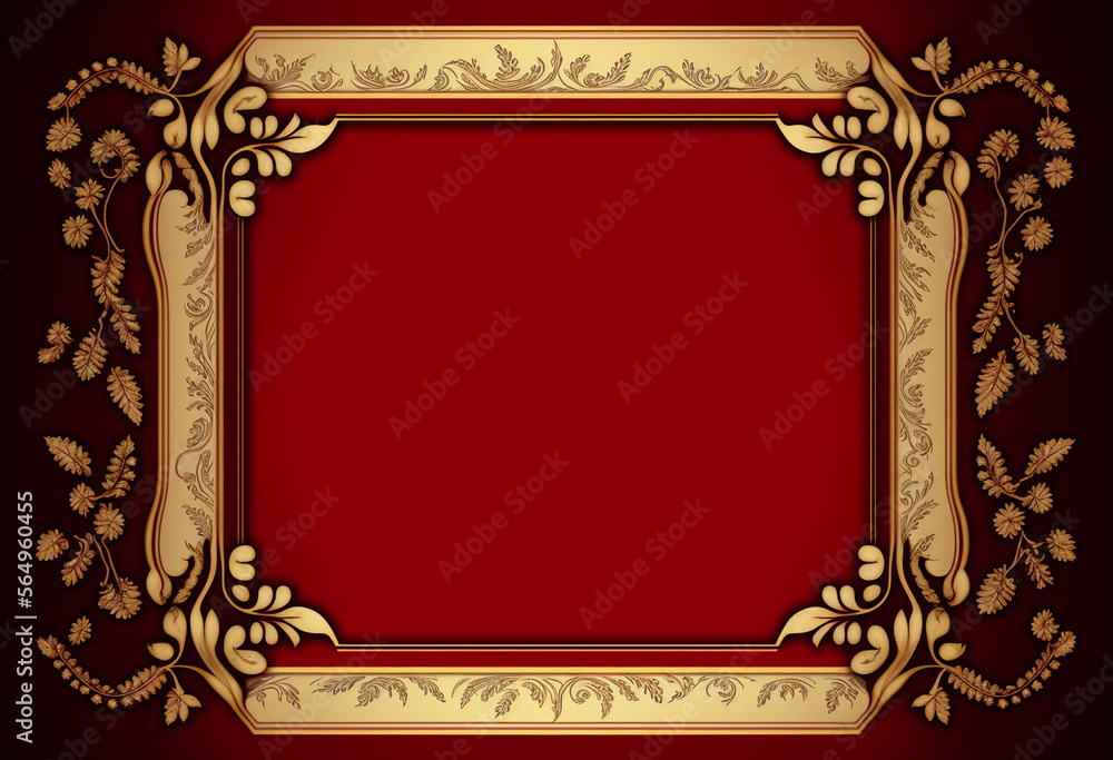 Red velvet background, elegant empty copy space with ornate gold tapestry border frame