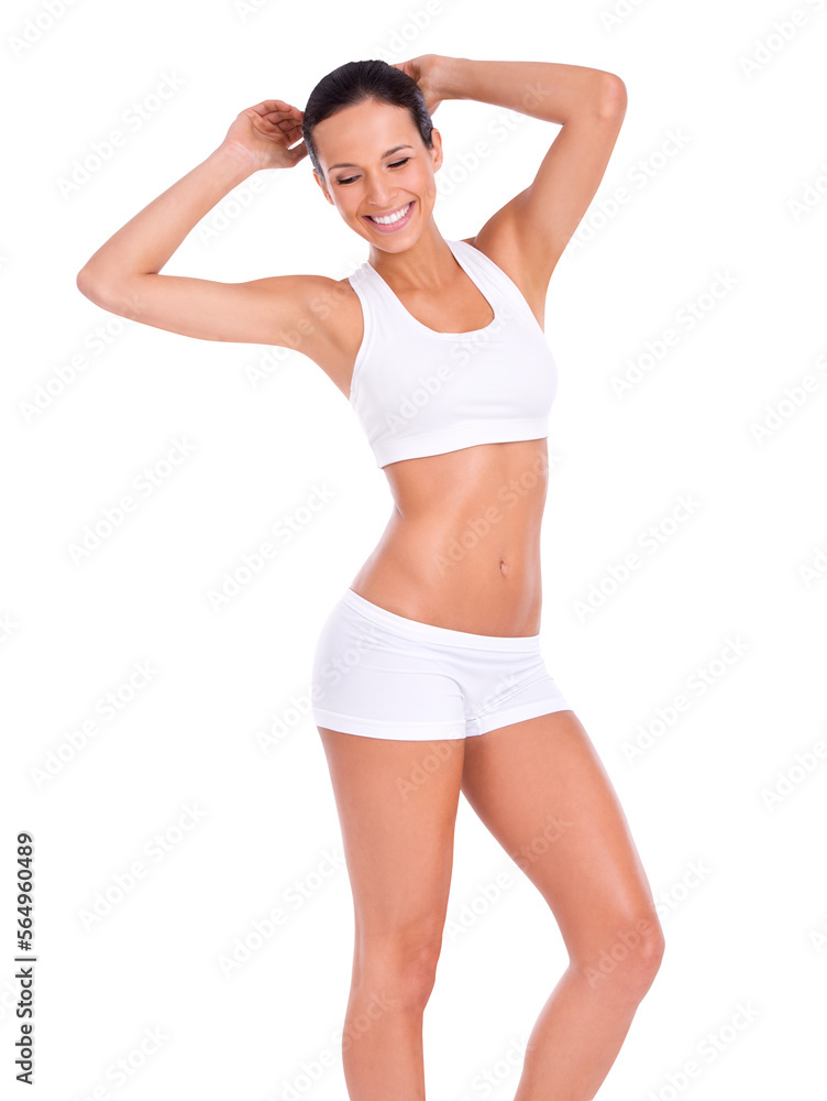 Portrait of a fit young woman raising her both hands isolated on a PNG background. Portrait of a fit young woman raising her both hands isolated on a PNG background.