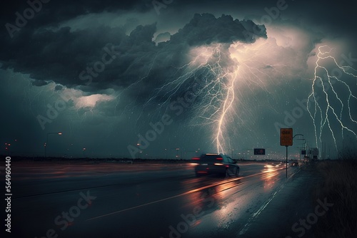 Tableau sur toile Heavy thunderstorms with big winds and striking lightning on the night generativ