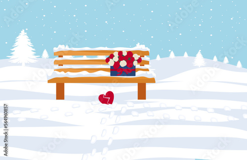 Broken heart concept. Parting, misunderstanding in a relationship. Winter landscape of a bench where a couple quarrel and broke off relations. vector illustration