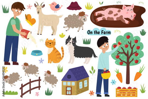 Cute farm set with animals and kids farmers. Countryside life elements collection in cartoon style. Pig in the mud, boy picking apples, goat, sheepdog and other elements. Vector illustration