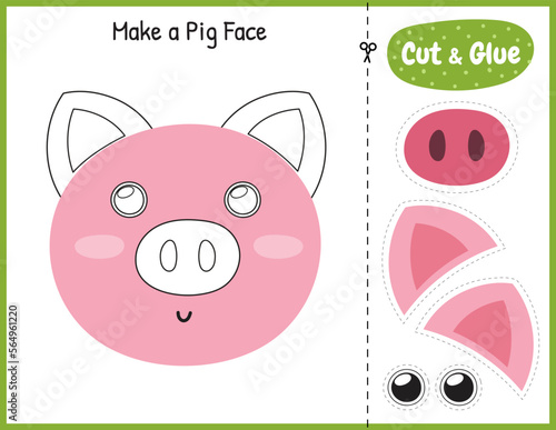 Cut and glue pig face parts game for kids. Educational activity page. Matching game with farm animal. Vector illustration