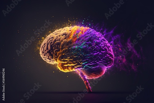 Creativity concept with a brain exploding in colors. Mind blown concept. A galaxy human brain with a inside colorful particles