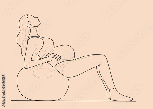 Line drawing of a pregnant woman doing exercise with a Swiss ball