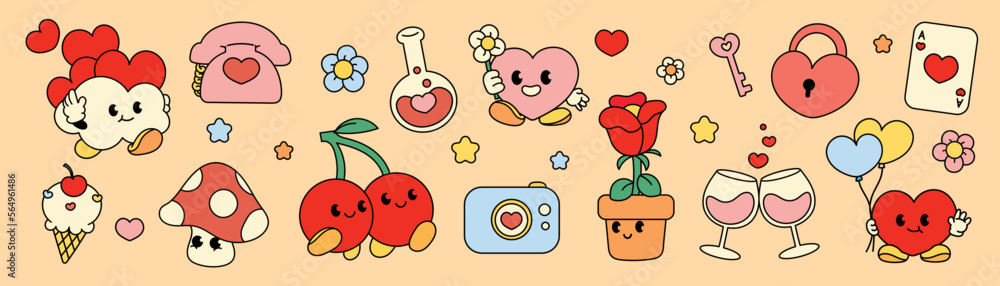70s groovy doodle element vector set. Cute comic retro hippie collection of hearts, telephone, flowers, wine glasses, cherry, mushroom, potion. Design for valentine card, decorative, sticker, print. 70s groovy doodle element vector set. Cute comic retro hippie collection of hearts, telephone, flowers, wine glasses, cherry, mushroom, potion. Design for valentine card, decorative, sticker, print.