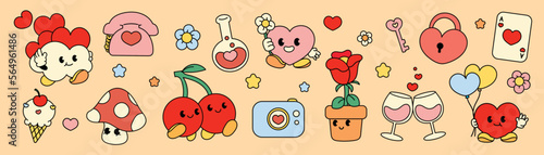 70s groovy doodle element vector set. Cute comic retro hippie collection of hearts, telephone, flowers, wine glasses, cherry, mushroom, potion. Design for valentine card, decorative, sticker, print.